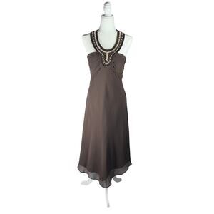 Max and Cleo Women's Dress Size 12 Silk Beaded Brown Sleeveless‎ Halter top Gown